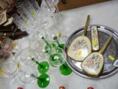 Good collection of mixed drinking glassware, EP tray and a trio of dressing table items