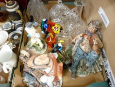Two Murano clowns and other glassware, Capodimonte style figures etc
