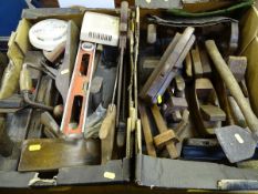Two boxes of vintage block planes, mortice gauges, mallets, hand saws etc