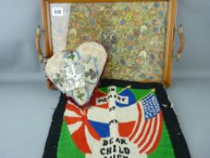 Victorian beadwork decorated pin cushion, a two handled tray with label decoration etc