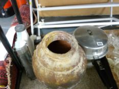 G-Tech carpet cleaner, Prestige pressure cooker, a pottery vase and a wheeled shoe rack