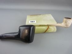 Cased Meerschaum pipe stamped 'Knock Crochery' and an onyx lidded box