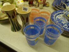 Pair of T G Green waisted vases and a set of six etched lemonade glasses