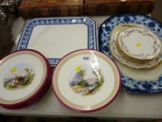 Hand painted Davenport comport and plate set, two blue and white serving platters and a five piece