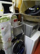 Parcel of household items, ironing board, canvas deckchair, portable folding seats, stepladder and