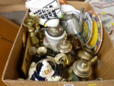 Mixed box of EP and other metalware and a Gaudy Welsh teapot etc