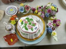 Selection of ceramic floral ornaments, decorated plates, pin dishes etc