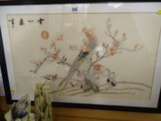 Framed Oriental silk - peacock