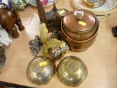 Cast metal music box in the form of a church, a pair of Iznik type brass bowls, a small vintage