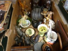 Box of African carved heads, ebony elephants etc