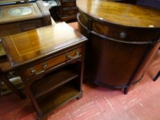 Small polished wood demi-lune cupboard with single drawer and base cupboard, two shelf hall table