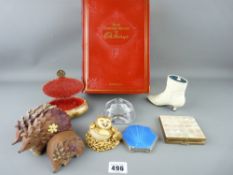 Bourneville chocolate tin and contents to include a silver and enamel compact and one other