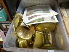 Box of mixed brassware, bakelite, other collectables and unframed prints