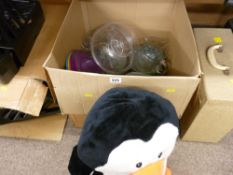 Penguin soft toy by Clintons and a box of kitchen ceramics including modern dinnerware