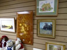 High veneer wooden plaque of still life and a parcel of paintings and prints including BRYAN