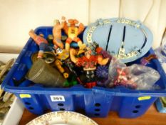 Tub containing plastic wrestling toys and similar and a quantity of other collectables