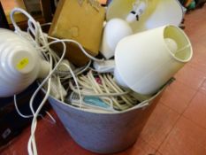 Plastic tub and contents of small electrical items, lamps, extension leads etc E/T