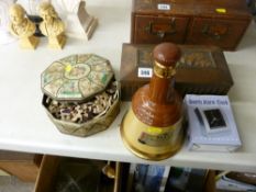 Bell's whisky bottle, carved wooden box etc