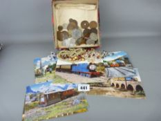 Collection of 'Thomas the Tank Engine' story card postcards, mixed jewellery and coinage