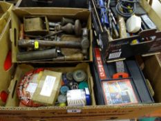 Quantity of vintage taps and dies, drill bits, soldering iron and a multi-drawer chest of nuts,