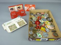 Tray of pin badges, Weetabix collector's cards with viewer etc