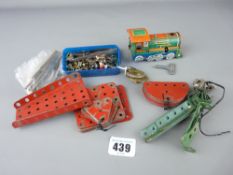 Tinplate steam train and quantity of Meccano pieces etc