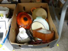 Box of mixed kitchenware including Le Creuset