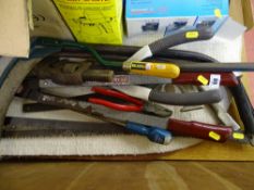 Parcel of hand tools including bow saws, scythe, stilsons etc