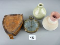 Reproduction brass compass and two Studio pottery vases