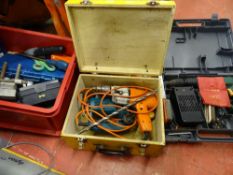 Bosch 9.6v cordless drill in case, red tub of garage items, socket sets etc and a wooden box