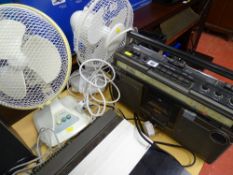 Pair of white desk fans and an Hitachi portable stereo radio E/T