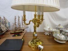 Large brass triple branch circular based table lamp and shade E/T