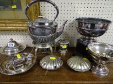 Good parcel of electroplate ware including engraved spirit kettle, rose bowl etc