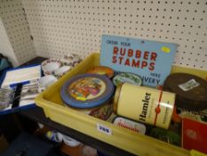 Parcel of vintage items including cased cake forks, teaware, retail tins and signage etc