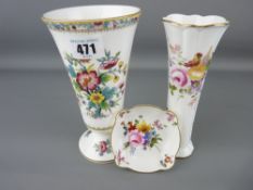 Coalport china 'Ming Rose' trumpet vase, a Royal Crown Derby 'Derby Posies' vase and a small Royal