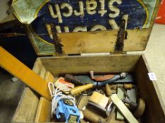 Old packing box for starch with quantity of vintage tools etc
