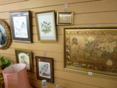 Five bird prints, a framed terrestrial map and a shorescape photograph