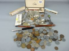 Small parcel of mixed mainly foreign coinage, sundry spoons and pens including a boxed Conway
