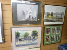 Framed six part print of a comic boy cricketer and three other prints including 'The Cellist',