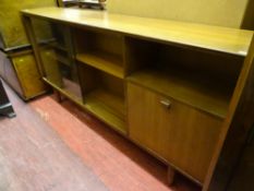Mid Century teak slimline sideboard with glazed sliding doors