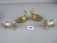 Vintage wooden tea box, pair of white metal bulls and brass deer ornaments