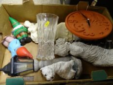 Box of pottery ornaments, garden gnomes etc