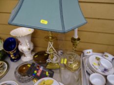 Brass table lamp and candlestick and parcel of miscellaneous items