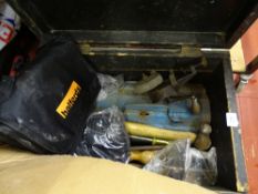 Wooden box containing a cantilever toolbox and vintage hand tools etc