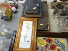 Small parcel of vintage books, framed porcelain tiles etc