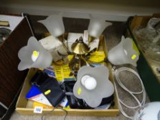 Oriental vase converted to a table lamp and a tray of mixed collectables including ceiling lamp,