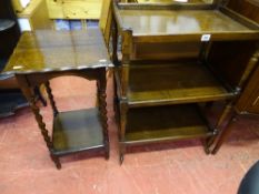 Polished wooden three tier trolley and small barley twist occasional table