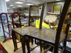 Two cane seated bedroom chairs and a towel airer