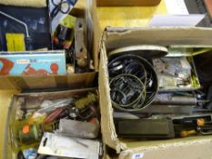 Two boxes and a small suitcase of miscellaneous vintage tools, clips, files etc