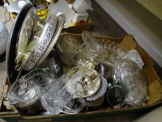 Box of white metalware, glassware etc